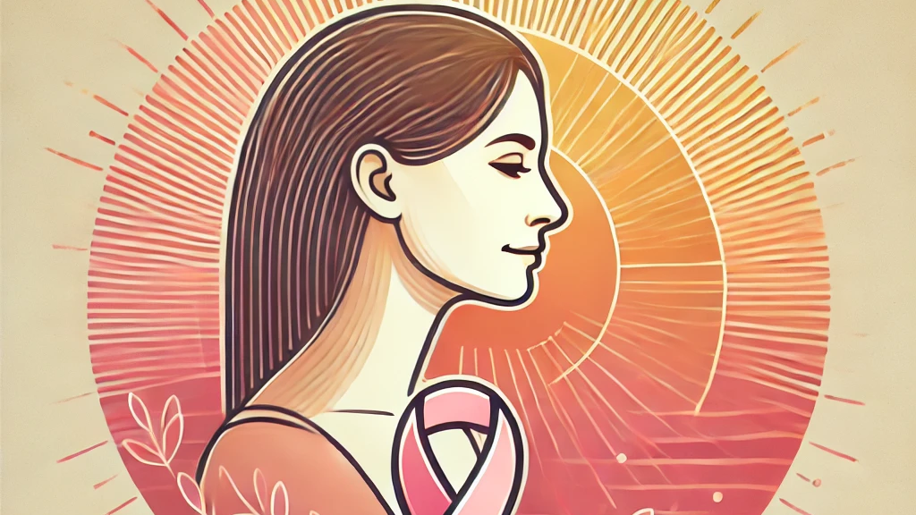 Mujer resiliente con amanecer y cinta rosa esperanza