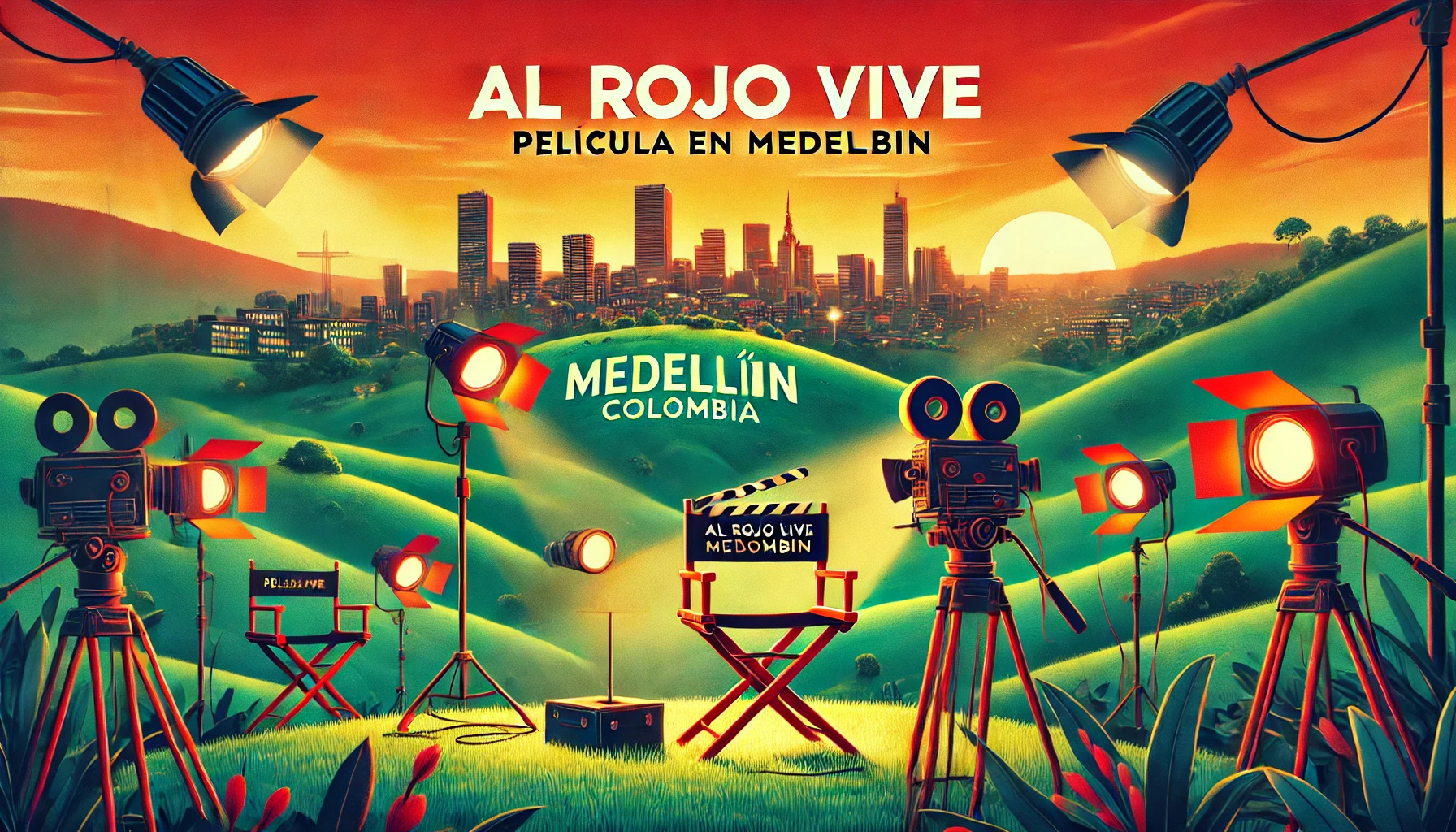 Filmación en Medellín con equipo cinematográfico al atardecer.