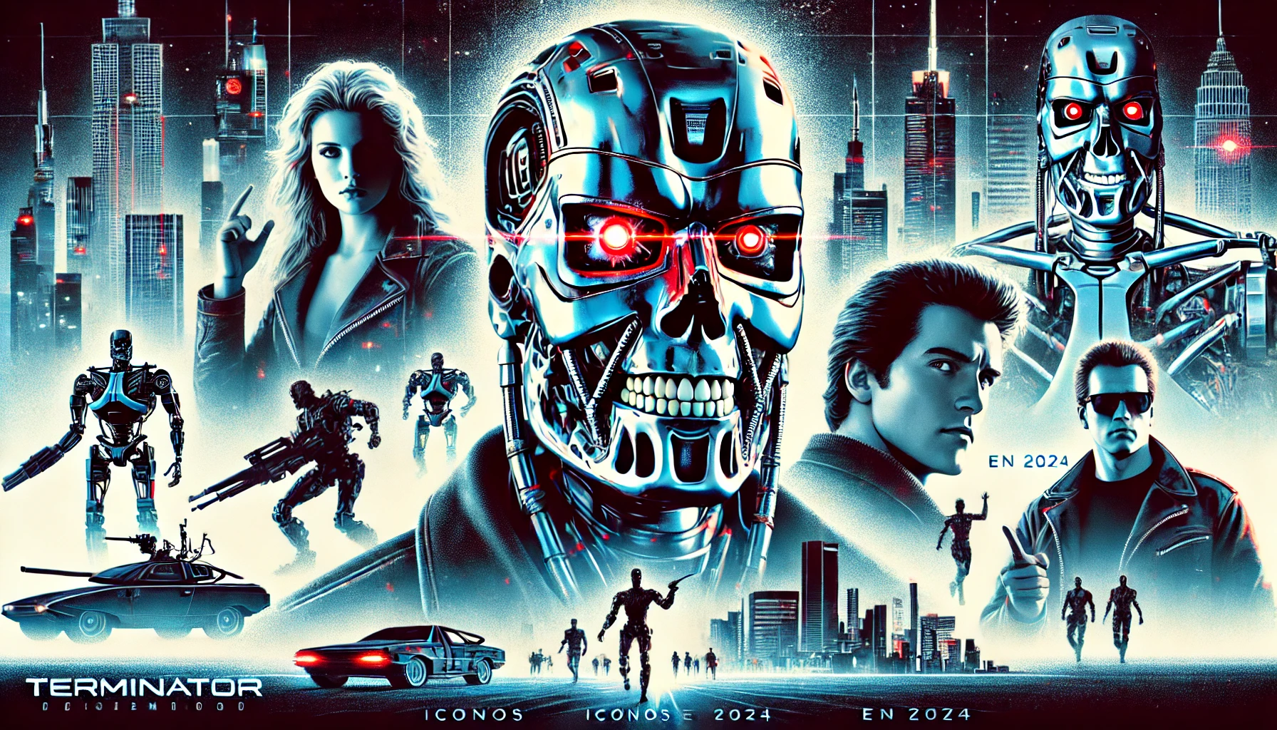 Actores de Terminator en 2024 con fondo futurista.