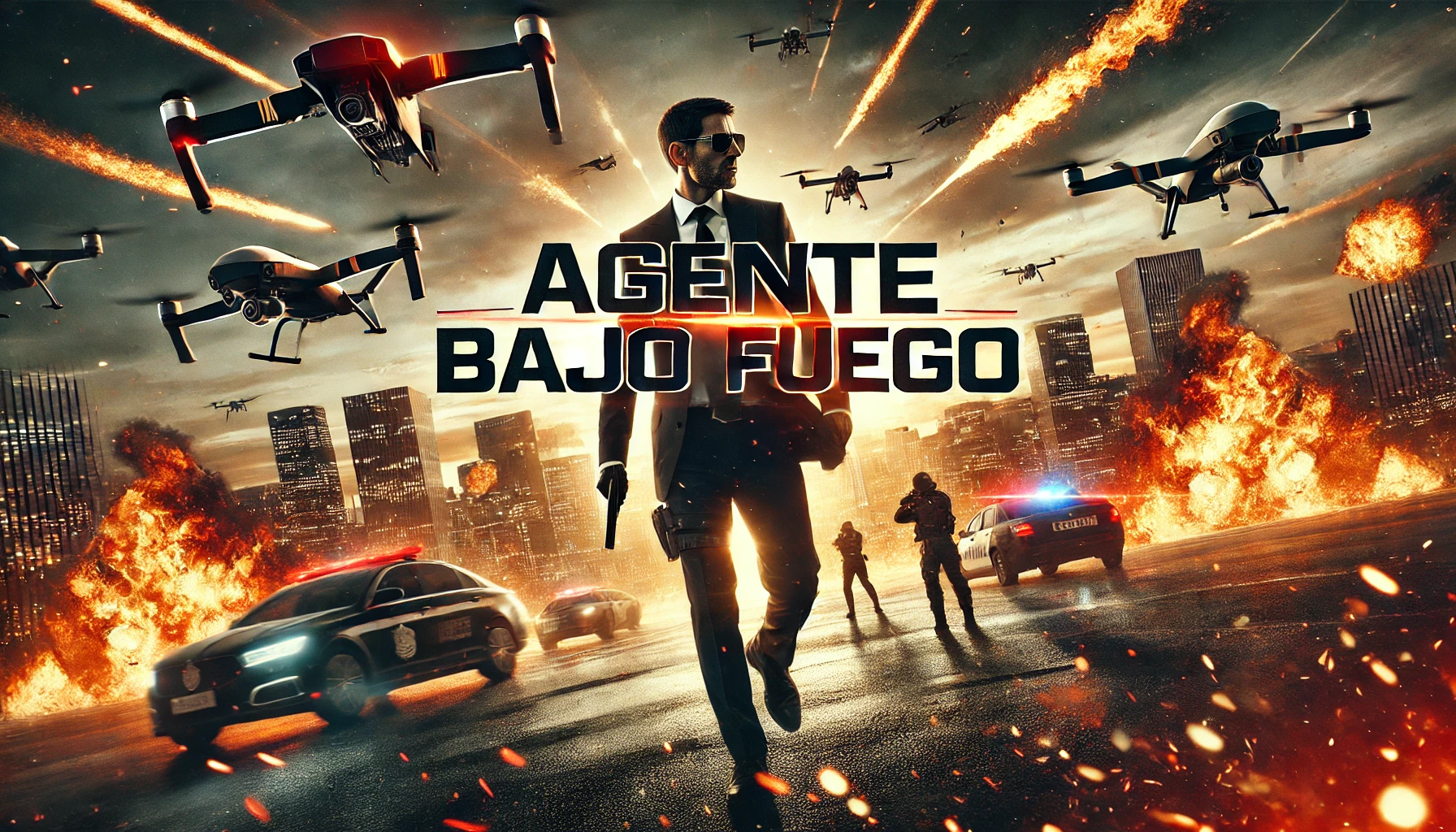 Agente Bajo Fuego escena de acción drones y explosiones.