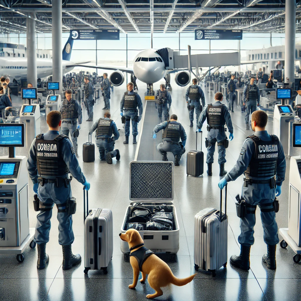 Agentes inspeccionando equipaje en un aeropuerto colombiano con equipos modernos y perros antidrogas.